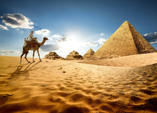 Bedouin,On,Camel,Near,Pyramids,In,Desert